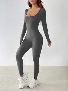 SHEIN PETITE Solid Scoop Neck Unitard Spring Women Jumpsuit - Dark Grey - View 7