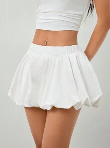 SHEIN PETITE Women Elastic Waist Wide Leg Bloomers Shorts In Solid Color - White - View 6