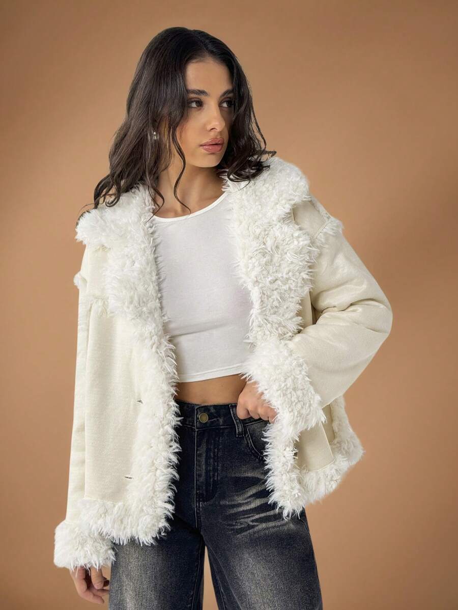 Forever 21 Women Casual Loose Twist Front Fluffy Trim Shoulder Drop Jacket For Autumn - Beige - View 1