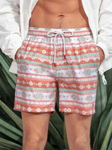 Manfinity Swimmode Pantalones cortos de playa con cintura de cordón y estampado geométrico para hombres