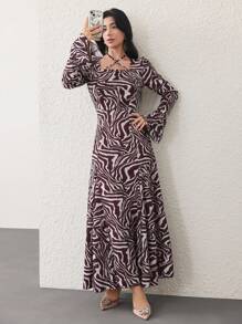 Modelyn 女士优雅花卉斑马条纹动物印花及地荷叶边下摆长袖连衣裙 - 彩色 - 查看 6