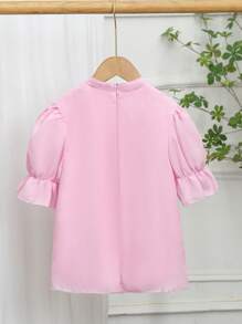 SHEIN Tween Girl Collared Button-Down Shirt With Pleats, A-Line Hem, Lantern Sleeves And Ruffle Accents, Paired With Skirt Or Dress, Suitable For Casual Outings, Home Wear, Parties, Summer (Shirt And Skirt/Dress Sold Separately)