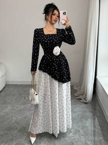 Chiquease Women's Square Neck Patchwork Ditsy Floral Long Dress, Elastic Waist, Suitable For Spring & Autumn - Multicolor - View 1