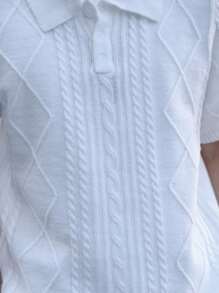 Claim Dot 男式纯色纽扣细节纹理休闲短袖针织上衣 - 白色 - 查看 3