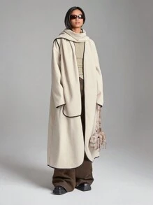 LYSMO 女式落肩长袖口袋围巾饰边撞色大衣，秋冬款 - 杏色 - 查看 6