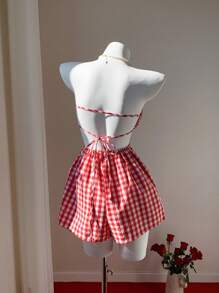 Comfortcana Mono informal con cuello de halter a cuadros para mujer - Rojo - Ver 2