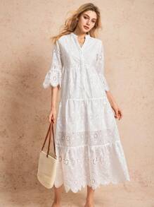 Poéselle 刺绣白色连衣裙 长裙 波西米亚风 女式V领喇叭袖刺绣休闲连衣裙 春夏服装 海边度假 适合日常出街度假等场合穿着 白色毕业礼服