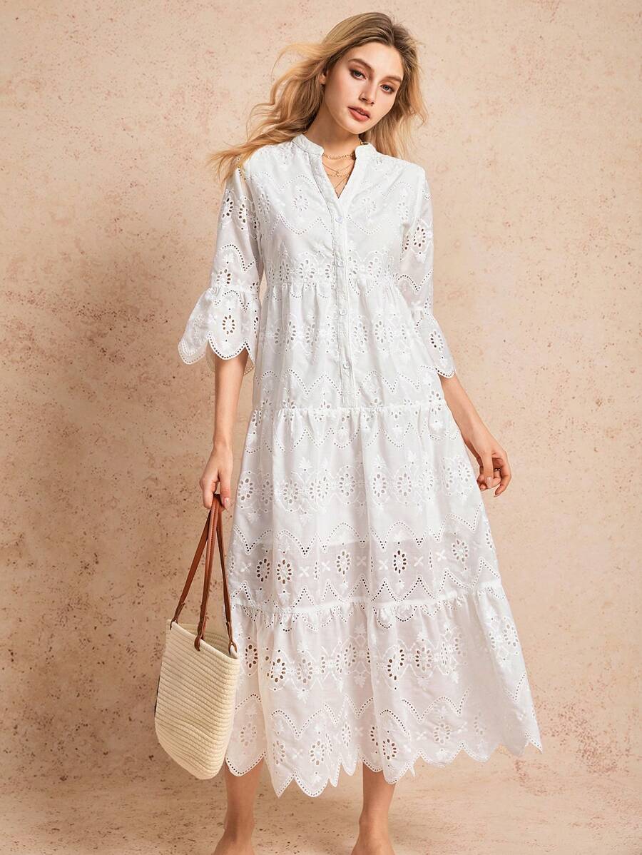 Poéselle 刺绣白色连衣裙 长裙 波西米亚风 女式V领喇叭袖刺绣休闲连衣裙 春夏服装 海边度假 适合日常出街度假等场合穿着 白色毕业礼服