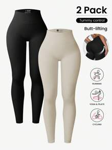 Easithlete 2pcs Solid Ribbed Knit Sports Leggings Workout Leggings Spandex Women Leggings Set Yoga Pants - Multicolor - View 2
