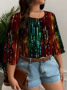 Glamance Warp Atelie 女士多色加大码衬衫七分袖圆领休闲全身印花，纯色夏季女装夏季上衣外出装 - 彩色 - 查看 4