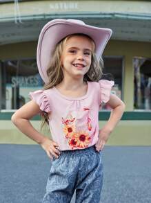 Wildeya Camiseta con estampado floral y lunar, y mangas con volantes para niñas jóvenes, color rosa, dulce y bonita, adecuada para actividades diarias, salidas y eventos sociales, colección de primavera/verano para el Ramadán