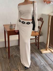 DAZY 2pcs Women Solid Color Wrap Collar Off Shoulder Crop Top And Skirt Set, Spring/Summer - Apricot - View 8