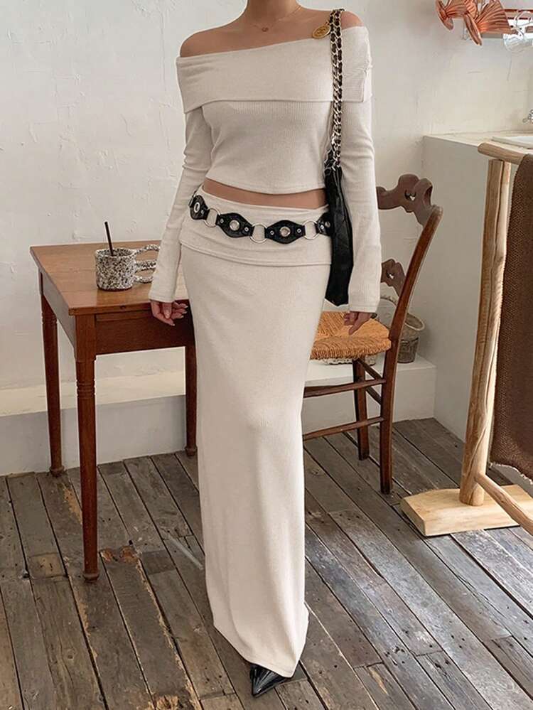 2pcs Women Solid Color Wrap Collar Off Shoulder Crop Top And Skirt Set, Spring/Summer