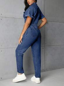 SHEIN SXY Women's Short Sleeve Button Half-Placket Casual Denim Jumpsuit - Medium Wash - View 2