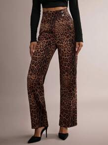 EURMUSE Women Wide Leg Belt Detailed Leopard Printed Pant - Brown - View 1