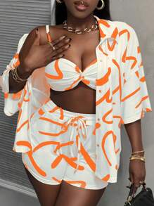 Slaydiva Ensemble composé d'un débardeur court avec nœud tressé à imprimé tout-sur-tout, d'un short moulant à sangles croisées, et d'une chemise à manches courtes à devant ouvert - Orange - Voir 5
