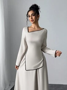 Modelyn Modest Casual Contrast Trim Asymmetric Neck Top And Mini Skirt Set For Women 2 Pieces Set - Beige - View 5