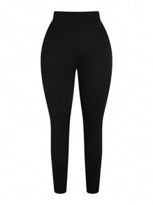 SHEIN LUNE 1pc Women Plus Size High Waisted Pocket Sports Yoga Leggings, Black - Black - View 2