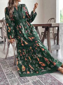 SHEIN VCAY 女式 V 领长袖简约休闲全身印花长裙