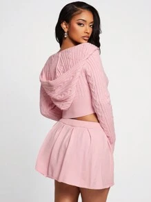 SHEIN SXY 2 件套美式甜美风格粉色毛衣套装、长袖连帽开衫和低腰百褶裙，秋冬 - 粉色 - 查看 2