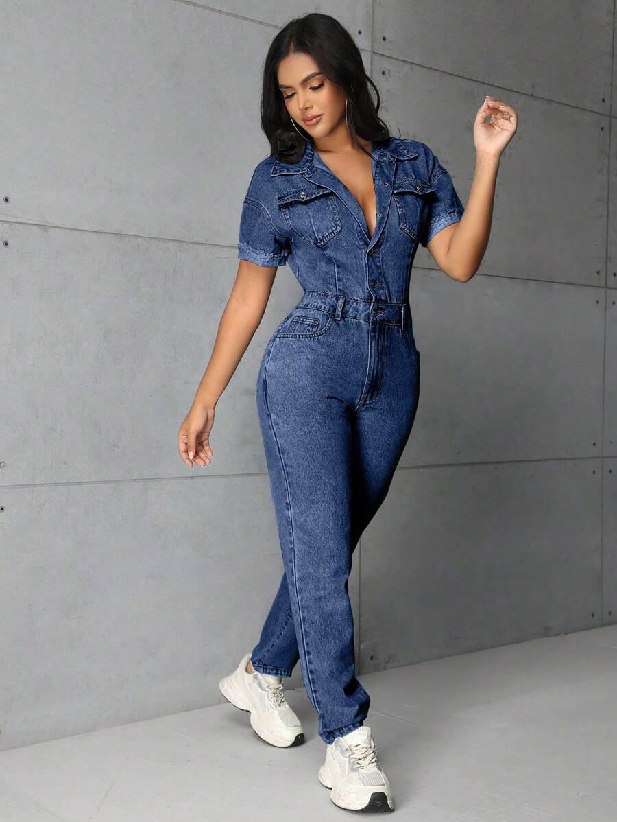 SHEIN SXY Women's Short Sleeve Button Half-Placket Casual Denim Jumpsuit - Medium Wash - View 1