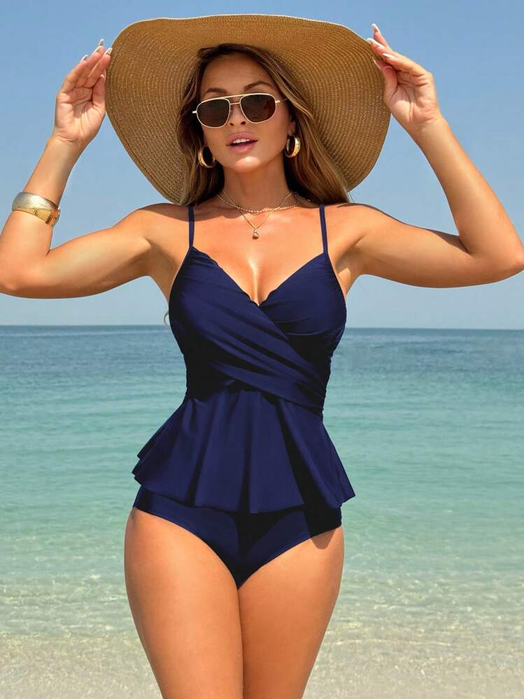 Swim Lushoire Set de traje de baño de 2 piezas de unicolor con el frente cruzado con nudo y volantes en el dobladillo para el verano - Azul Marino - Añade 1