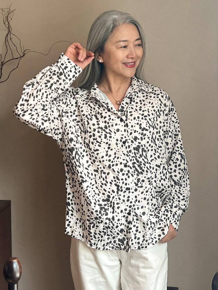 Leopard Spot Design Casual Loose Turndown Collar Blouse For Women,Fall Clothes Long Sleeve Top