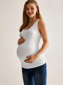 MaterniWear Pregnant Women Solid Color Front Button Crew Neck Sleeveless Tank Top & Strap - White - View 4