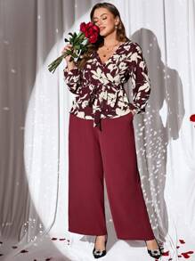 EMERY ROSE Plus Size Valentine's Day Summer Set Elegant Floral Print Shirt And Solid Color Pants 2Pcs Set,Bow,Spring/Summer - Burgundy - View 5