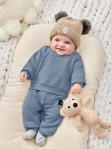 SHEIN 6件套新生儿男女宝宝百搭纯色圆领套头卫衣裤套装，休闲百搭，适合居家和户外穿着，秋冬季 - 彩色 - 查看 10