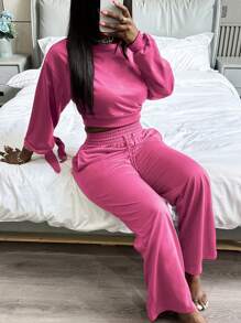 INAWLY Damen Zweiteiler aus einfarbigem Langarmoberteil und langer Hose, Lässig - Pink - Übersicht 4