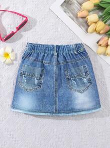 SHEIN New Arrival Spring/Summer Girls Casual 4-7 Years Old Young Girl Outdoor Party Wear Denim Effect Printed Star Pattern A-Line Skirt