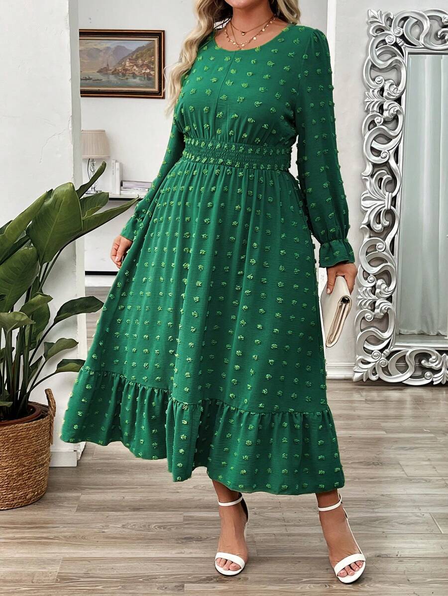 EMERY ROSE Women's Long Textured Dress With Oversized Pom Poms, Elegant Holiday Wear, Spring/Summer - Green - View 1
