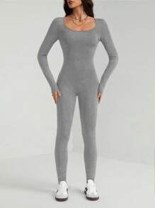 SHEIN Tall 优雅休闲纯色黑色长袖紧身连体裤，U 领 - 灰色 - 查看 7