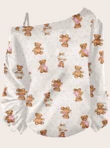 SHEIN Essnce 可爱休闲简约不对称心形圆点露肩图案 T 恤女款 - 白色 - 查看 2