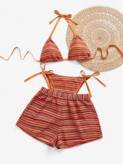 Swim Lushoire 1pc Plus Size Women 3-Pieces Strappy Striped With Triangle Top And Bottom Set With Cover-Up Shorts, For Summer Vacation