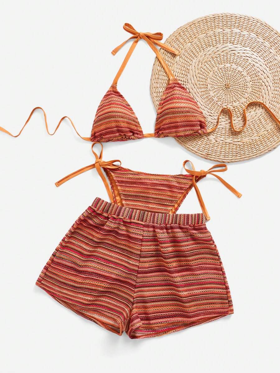 Swim Lushoire 1 bộ đồ 3 mảnh sọc dây tam giác cho nữ cỡ lớn kèm quần đùi che phủ, dành cho kỳ nghỉ hè - Nhiều màu - Xem 1