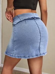 SHEIN SXY Sexy Party Asymmetric Zip Closure Denim Mini Skirt - Blue - View 2