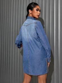 SHEIN SXY Women's Casual Washed Side Slit Denim Jacket - Blue - View 2