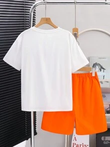 2pcs/Set Tween Boys Casual Cartoon Print Crew Neck Loose T-Shirt And Solid Loose Woven Shorts 2 Pieces Outfit, Suitable For School, Garden, Beach, Birthday In Spring, Summer, Autumn, Winter - Multicolor - View 2