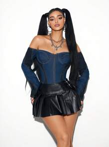 SHEIN Unity Áo sơ mi denim tay dài hở vai phía trước có khóa kéo cho nữ phong cách tối giản - Rửa tối - Xem 1