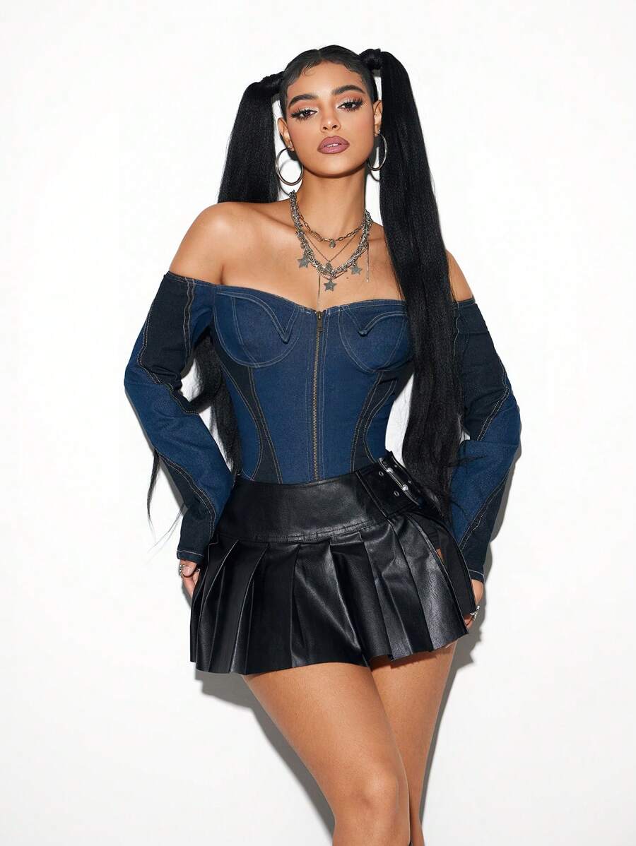 SHEIN Unity Áo sơ mi denim tay dài hở vai phía trước có khóa kéo cho nữ phong cách tối giản - Rửa tối - Xem 1