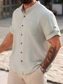 Manfinity Homme Men Plus Size Casual Solid Color Short Sleeve Shirt - Mint Green - View 3