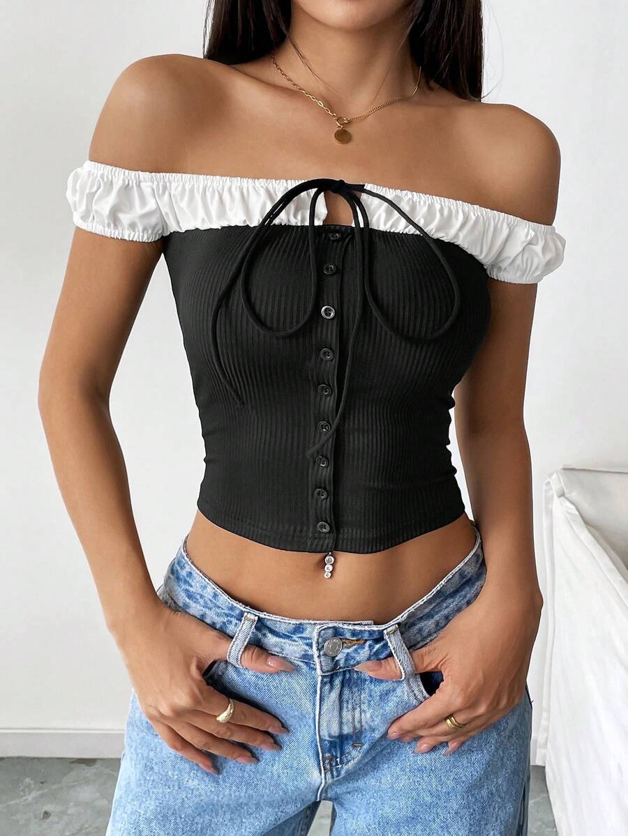 Black & White Contrast Off Shoulder Elastic Fitted Bowknot Tie-Up Crop Top, For Spring & Summer - Black and White - View 1