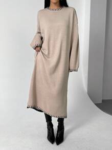 Chiquease Váy len dài viền đen oversize cho nữ - Lạc đà - Xem 5