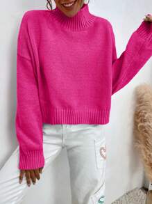 EURMUSE Solid High Neck Sweater - Hot Pink - View 3