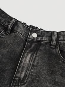 SHEIN Girlism 少女Y2K时尚休闲蓝色水洗宽松柔软牛仔阔腿牛仔裤，少女校服套装 - 黑色 - 查看 3