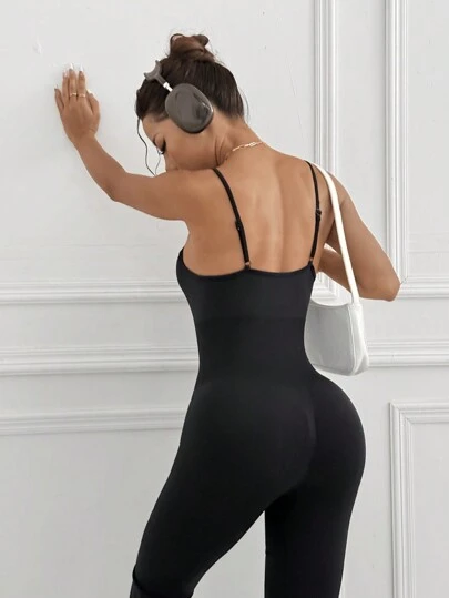 Easithlete Women's Solid Color Spaghetti Strap Slim Fit Casual Athletic Jumpsuit