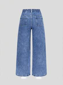 SHEIN ChillGRL Quần jeans denim rách màu xanh nhạt, ống rộng, họa tiết trái tim và chữ Graffiti dành cho bé gái tuổi teen, phong cách Y2K, dáng rộng, ống rộng, rách cổ điển - Rửa nhẹ - Xem 2