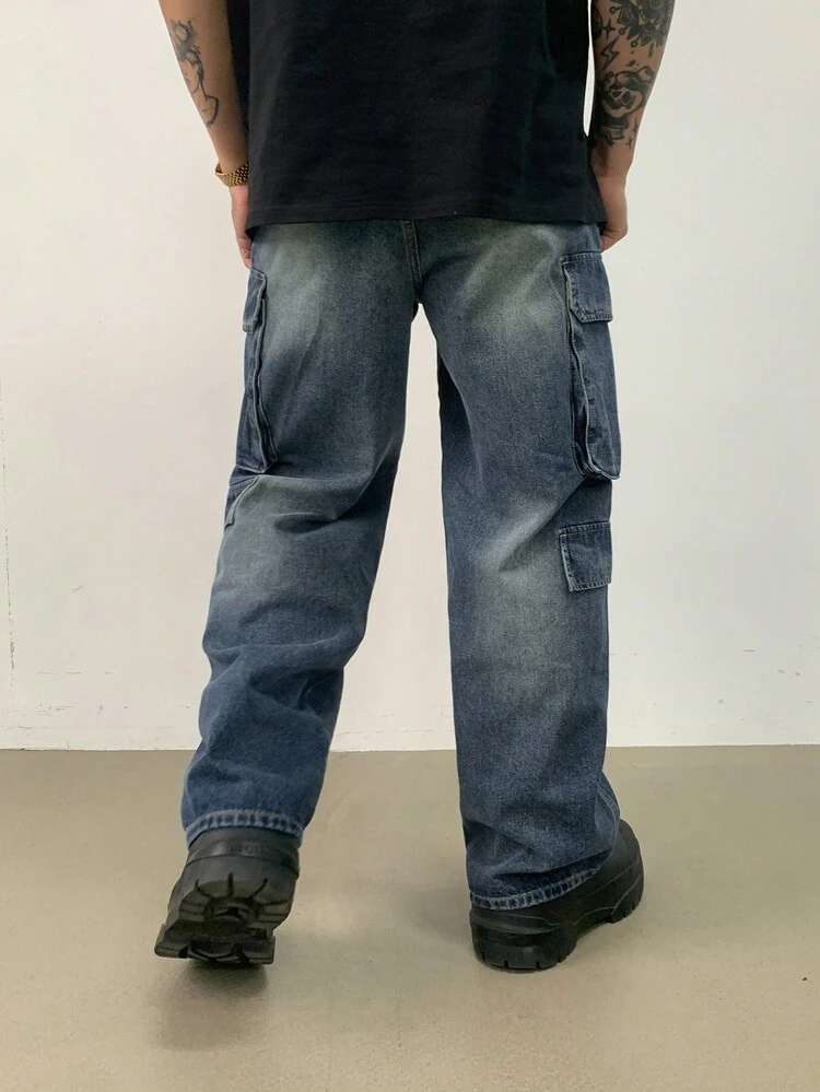 Men's Casual Simple Solid Blue Jeans, Fashionable For Daily Wear In Autumn